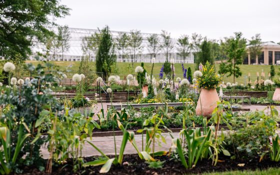 The Idea Garden at Longwood with spring plantings in the beds and the conervatory in the distance.